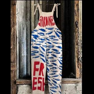 Graphic Fish-Print Tie-Strap Jumpsuit - White/Blue/Red ,size8/10